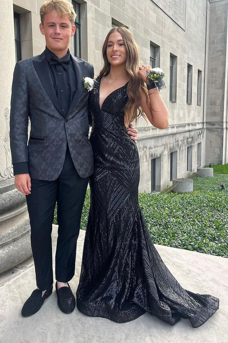 Charming Mermaid V Neck Black Sequins Lace Prom Dresses