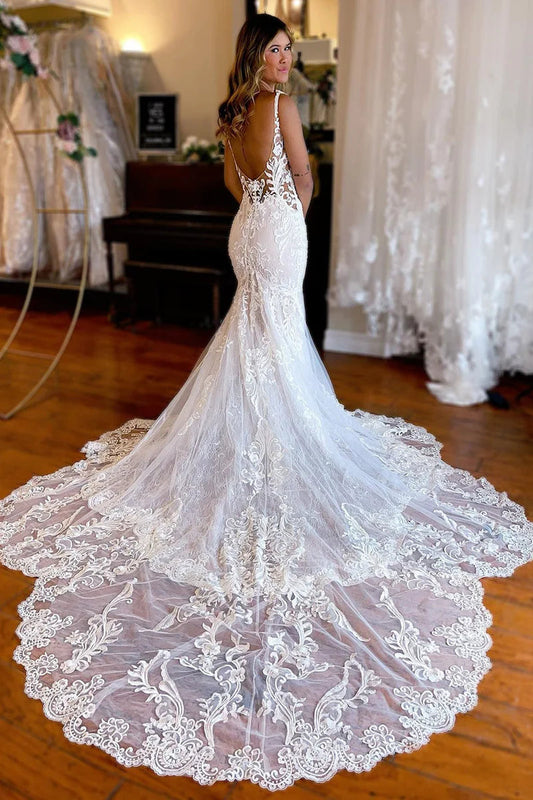 Charming Romantic Mermaid V Neck Lace Wedding Dresses Beach Bride Dress AB4091205 anniebride-2