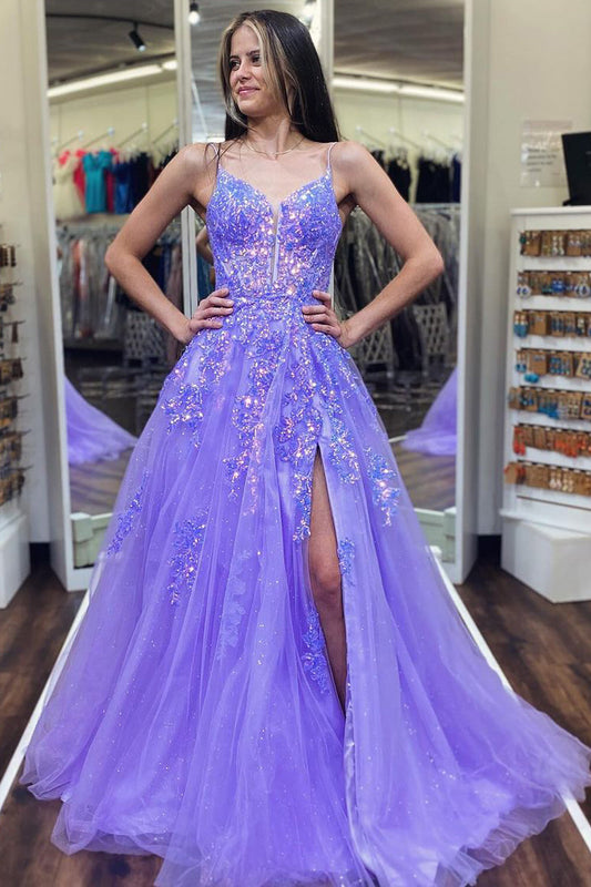 Cute A Line V Neck Light Purple Tulle Sequins Prom Dresses with Slit AB24091405-1
