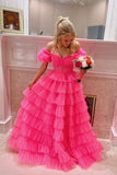 Cute Ball Gown Sweetheart Pink Tulle Prom Dresses with Ruffled Sleeves AB24091405-1