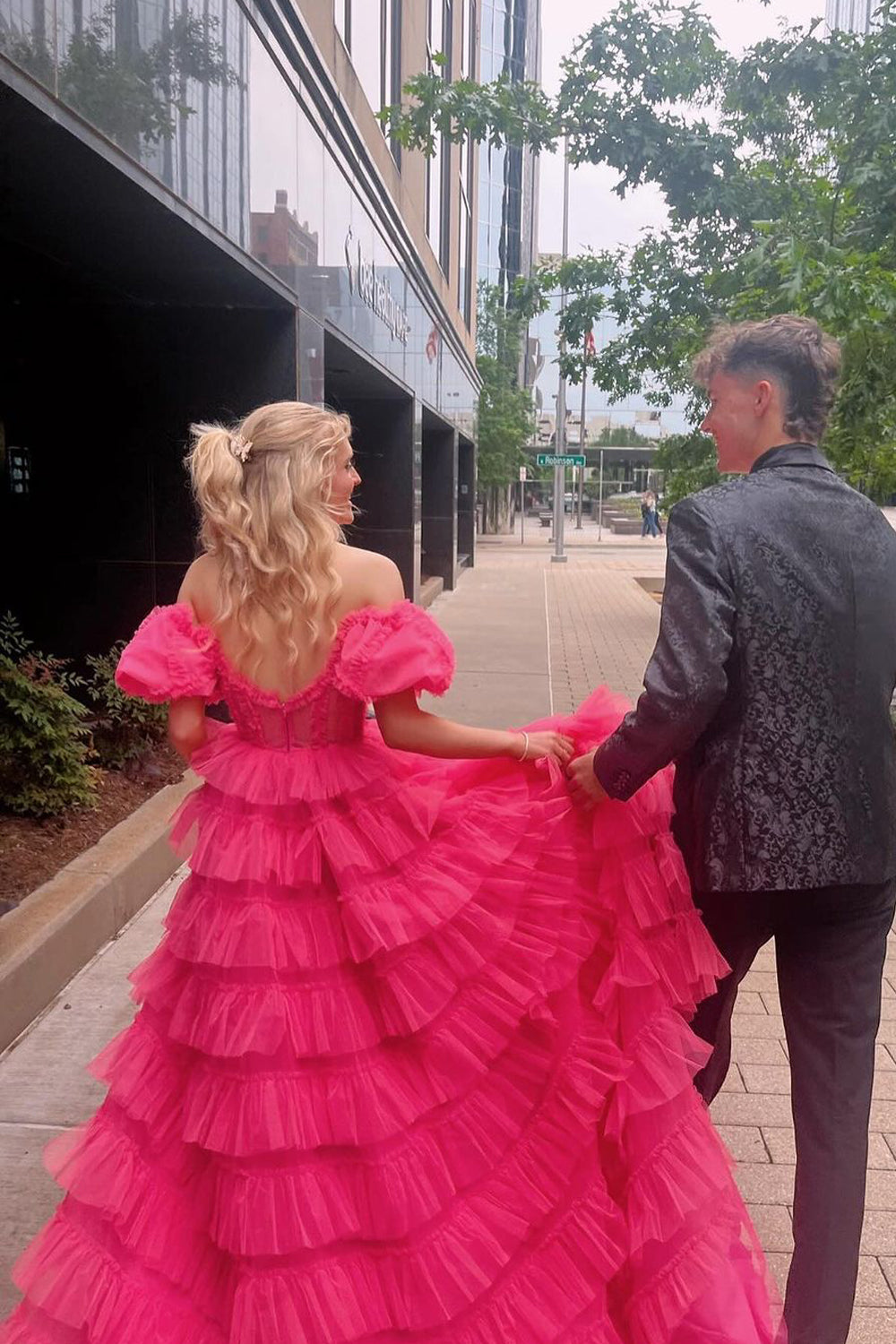 Cute Ball Gown Sweetheart Pink Tulle Prom Dresses with Ruffled Sleeves AB24091405-2