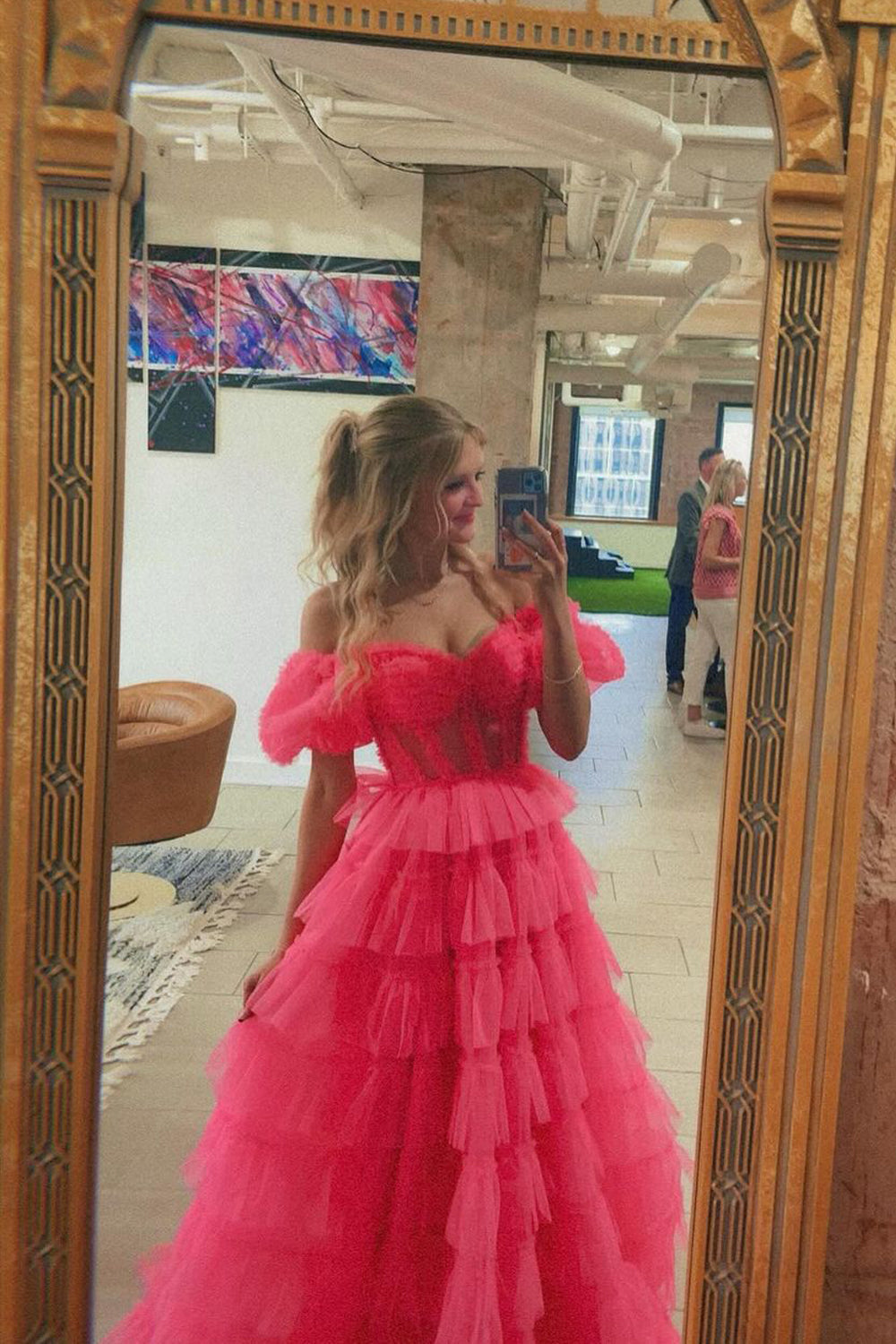 Cute Ball Gown Sweetheart Pink Tulle Prom Dresses with Ruffled Sleeves AB24091405-3