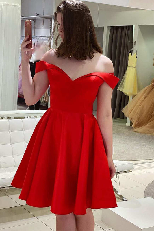 Uma | Red Satin Off-the-Shoulder A-Line Homecoming Dress