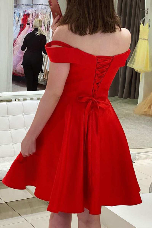 Uma | Red Satin Off-the-Shoulder A-Line Homecoming Dress