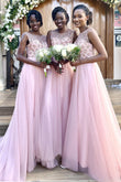 Sheath  Sparkly Beaded Long Tulle Bridesmaid Prom Dress