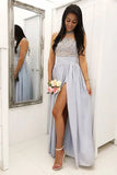 Amaris | Grey Illusion Round Neck Lace Chiffon A-Line Long Bridesmaid Dress