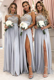 Amaris | Grey Illusion Round Neck Lace Chiffon A-Line Long Bridesmaid Dress