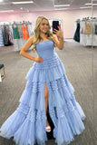 Daniela | Strapless A-Line Tulle Prom Dress with Tiered Ruffle Skirt