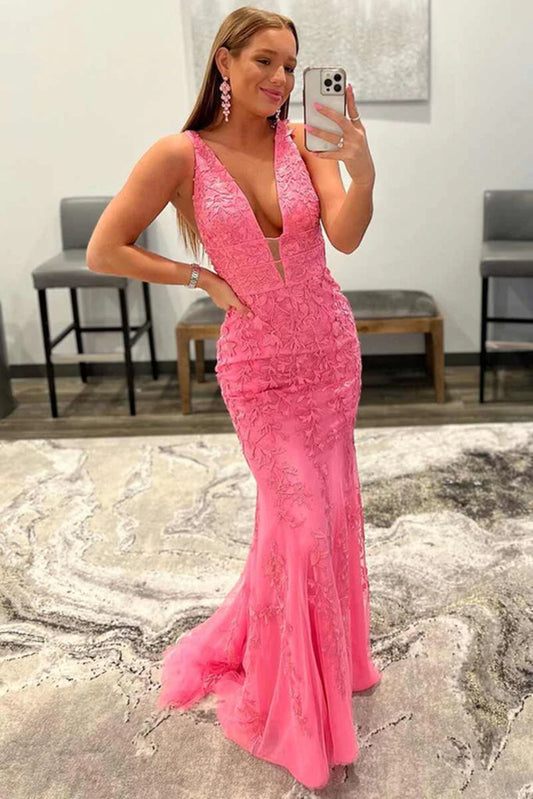 Kallie | Hot Pink Mermaid Plunge V-Neck Lace Prom Dress