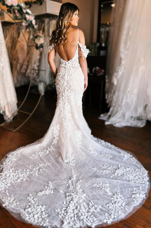 Elegant Mermaid Off the Shoulder Lace Wedding Dresses AB4091206 anniebride-2