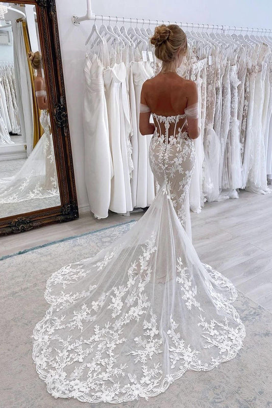 Elegant Mermaid Off the Shoulder Wedding Dresses with Appliques AB24090701-2