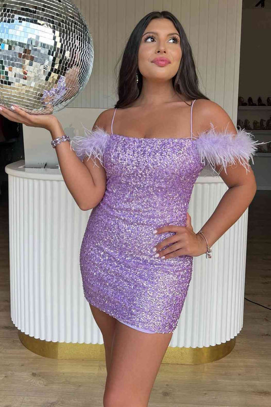 Georgiana | Bodycon Sequin Homecoming Dress with Feather Details