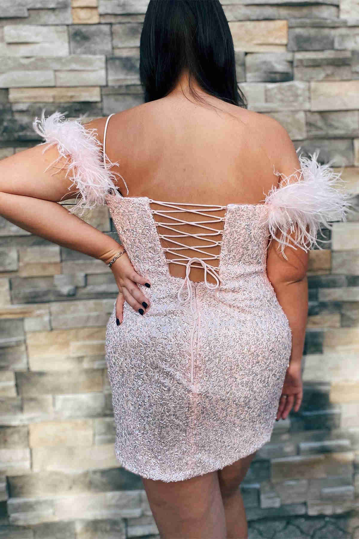 Georgiana | Bodycon Sequin Homecoming Dress with Feather Details