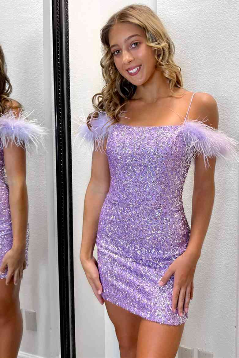 Georgiana | Bodycon Sequin Homecoming Dress with Feather Details