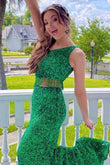 Eileen | Green Two Piece Sequined One Shoulder Long Party Dress with Tassel