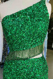 Eileen | Green Two Piece Sequined One Shoulder Long Party Dress with Tassel