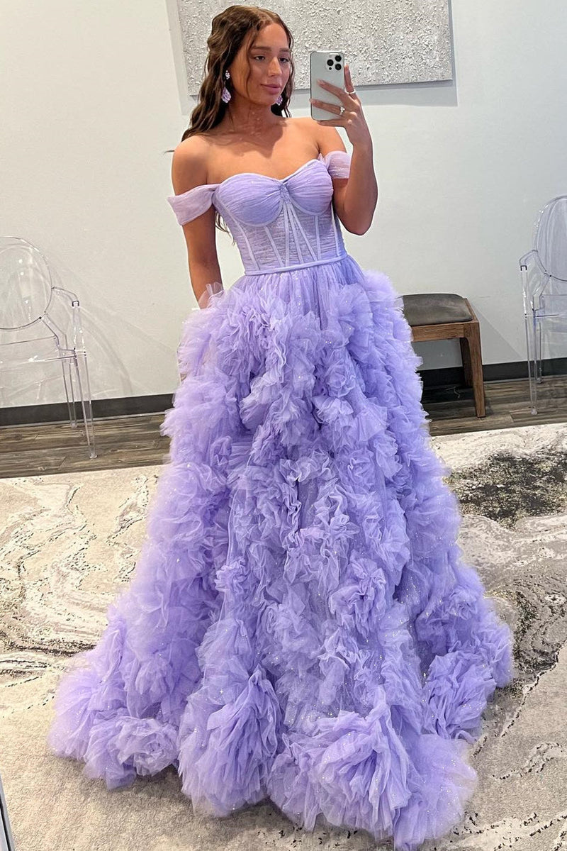 Kenia | A-Line Off-the-Shoulder Ruffled Tulle Prom Dress with Slit