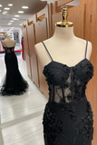 Aubrielle | Black Sweetheart Straps Mermaid Appliques Tulle Long Prom Dress