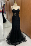 Aubrielle | Black Sweetheart Straps Mermaid Appliques Tulle Long Prom Dress