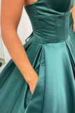 Nicole | A-Line Hunter Green V-Neck Satin Long Prom Dress