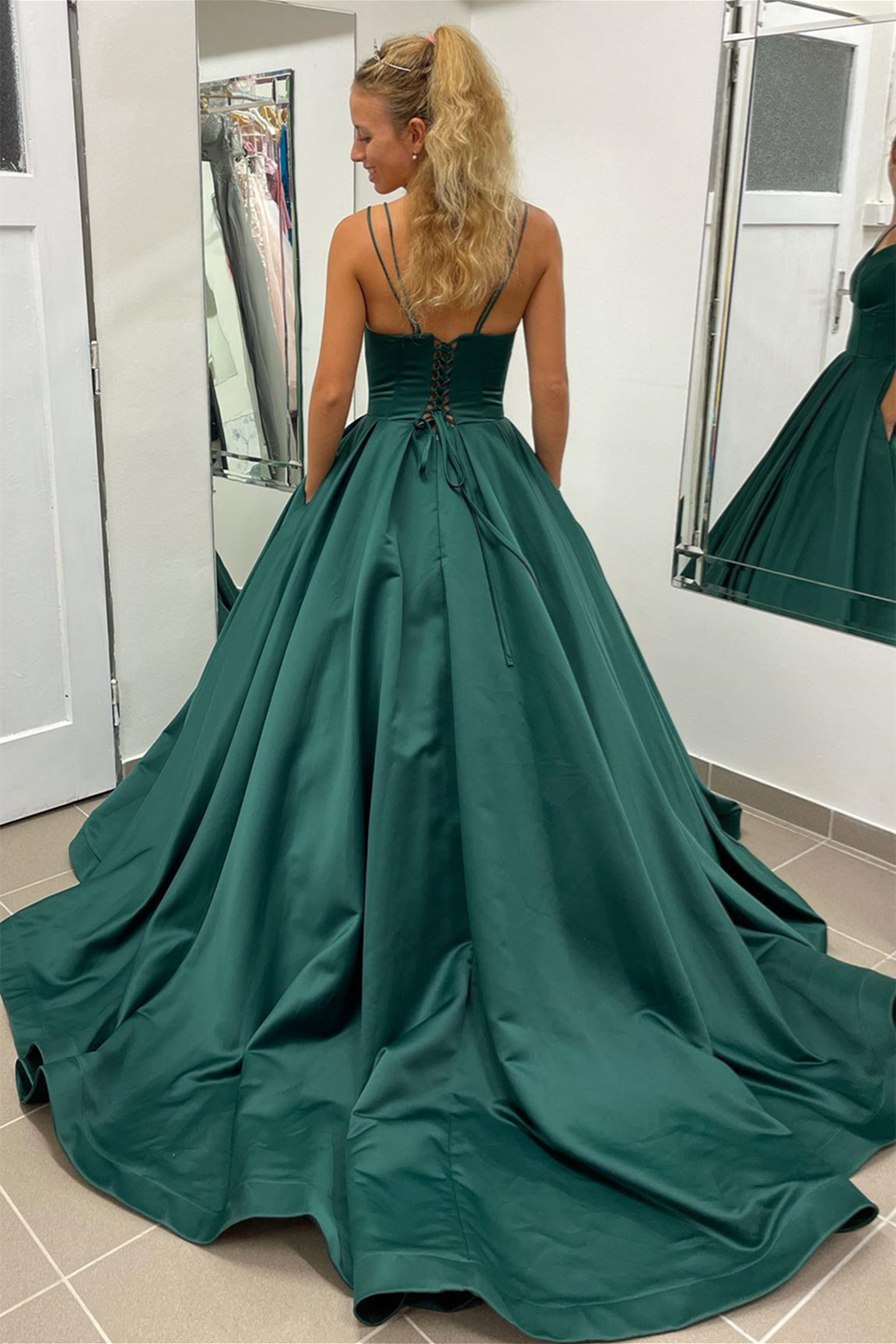 Nicole | A-Line Hunter Green V-Neck Satin Long Prom Dress