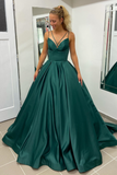 Nicole | A-Line Hunter Green V-Neck Satin Long Prom Dress