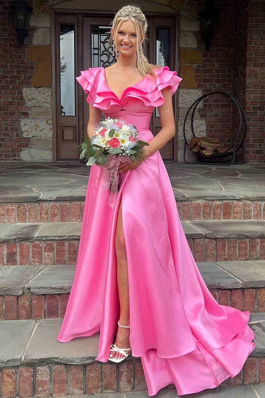 Betsy | Hot Pink V-Neck A-Line Prom Dress with Ruffle Details