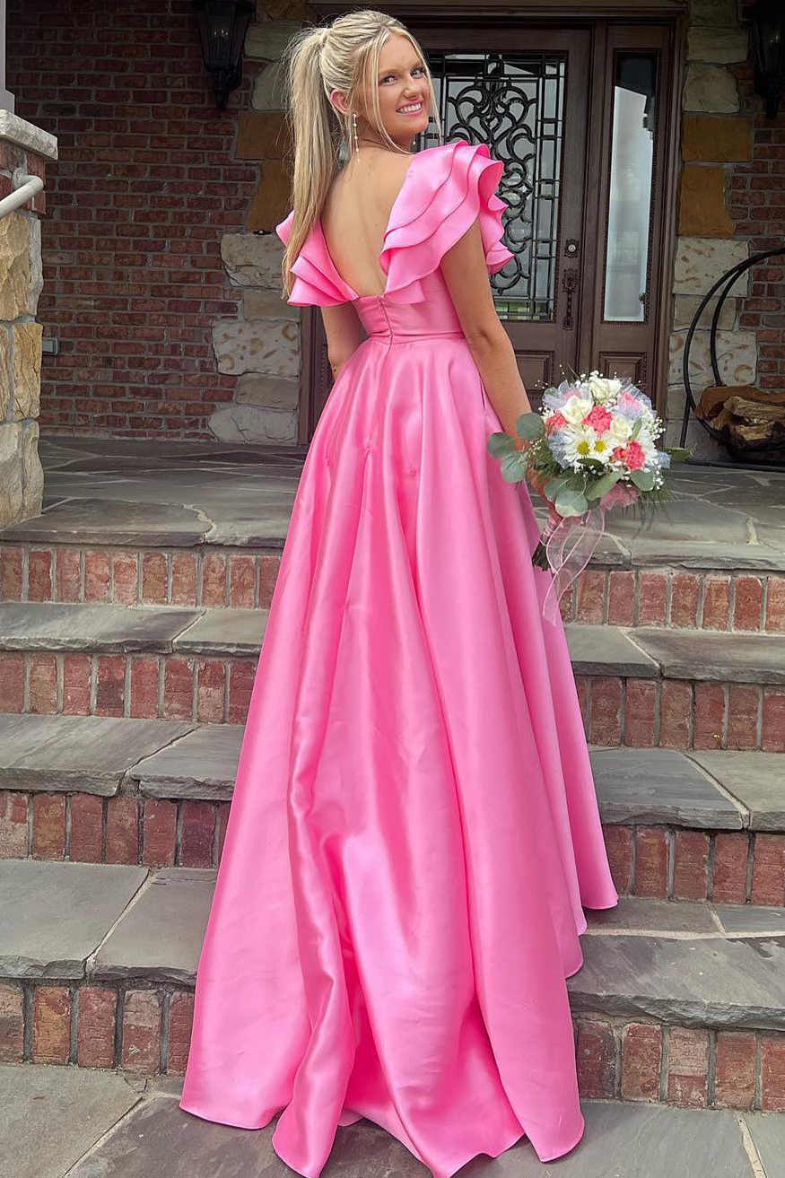 Betsy | Hot Pink V-Neck A-Line Prom Dress with Ruffle Details