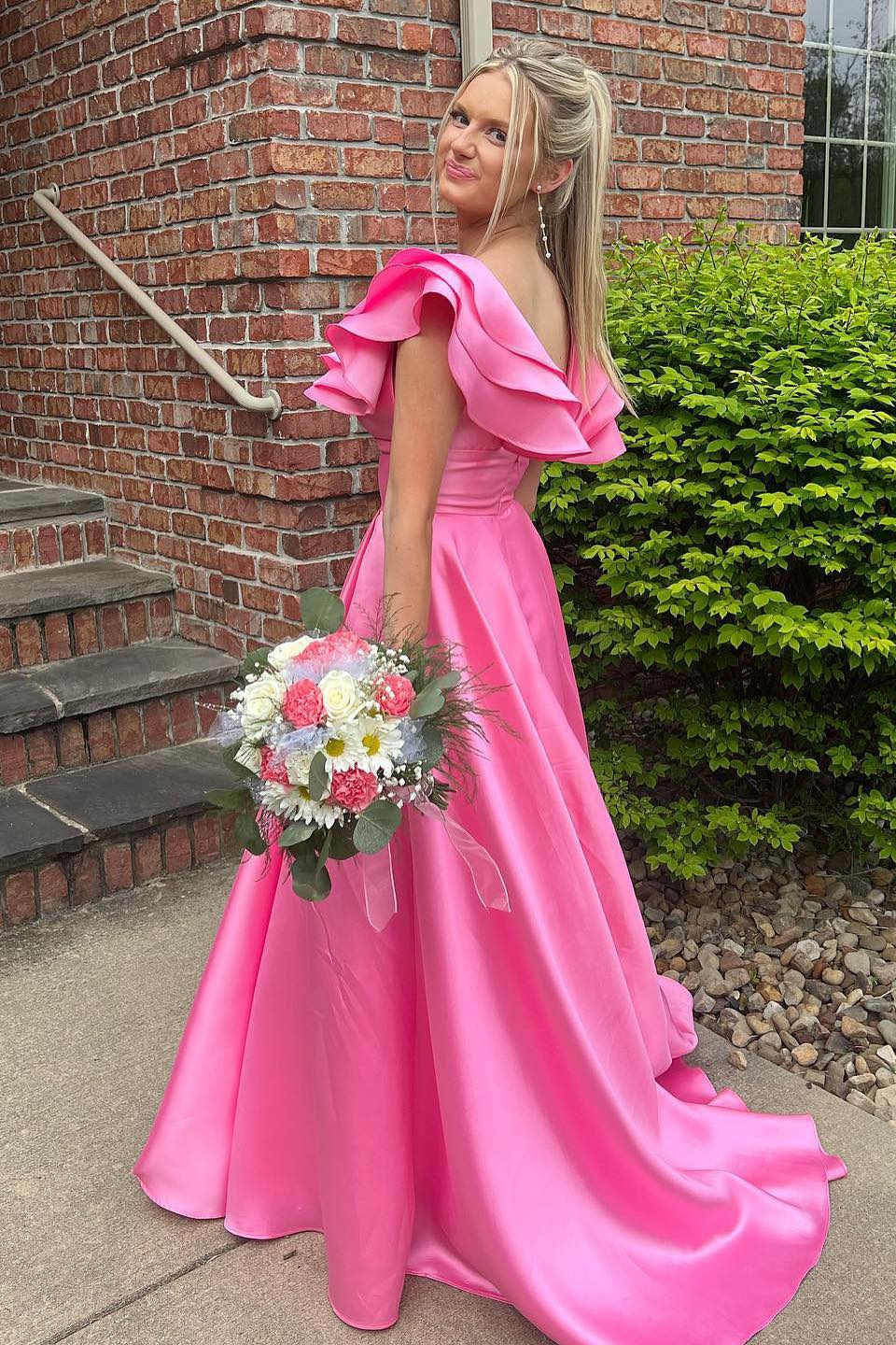 Betsy | Hot Pink V-Neck A-Line Prom Dress with Ruffle Details