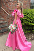 Betsy | Hot Pink V-Neck A-Line Prom Dress with Ruffle Details