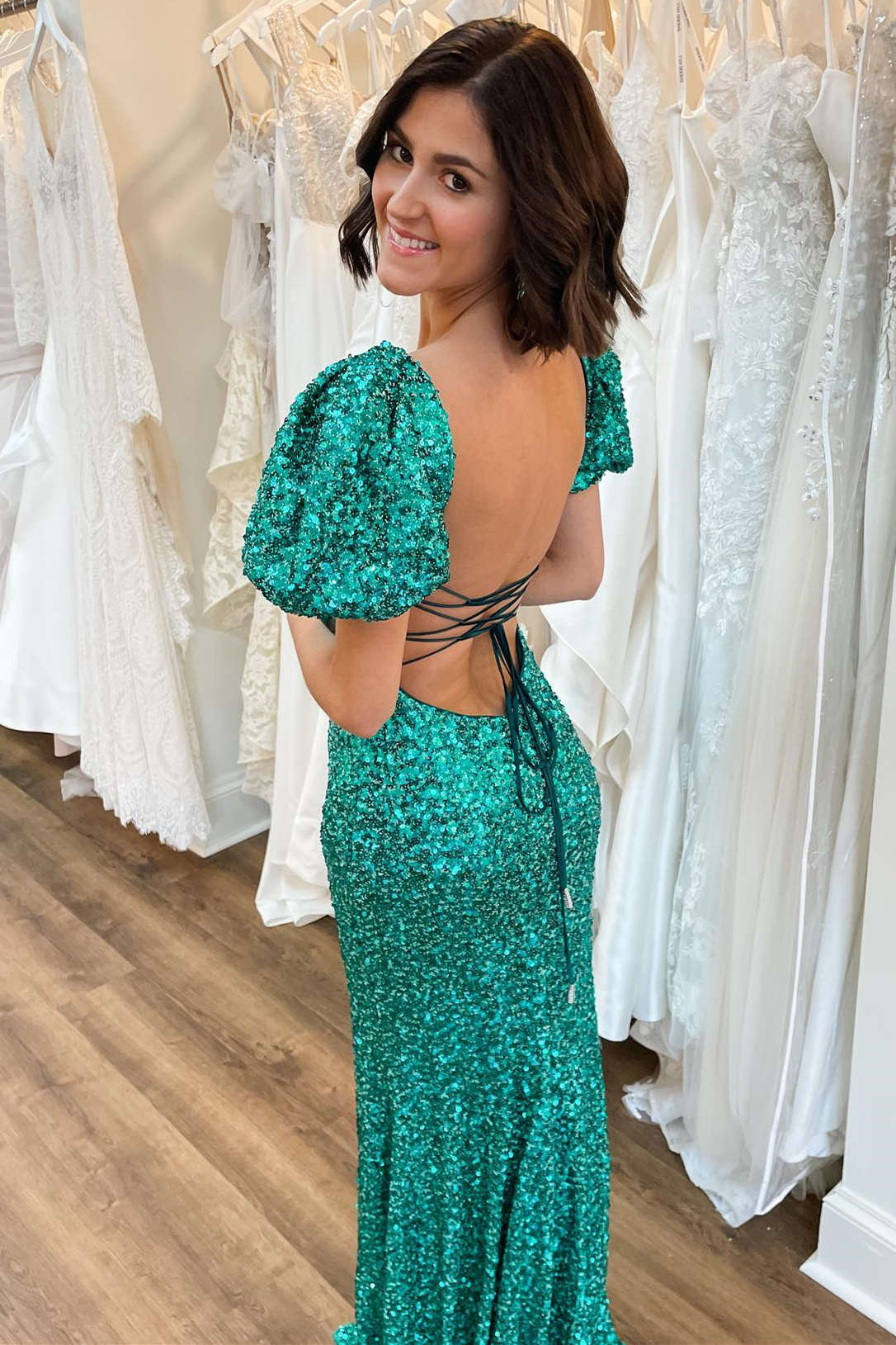 Velma | Emerald Green Sequin Mermaid Prom Dress with Square Neck