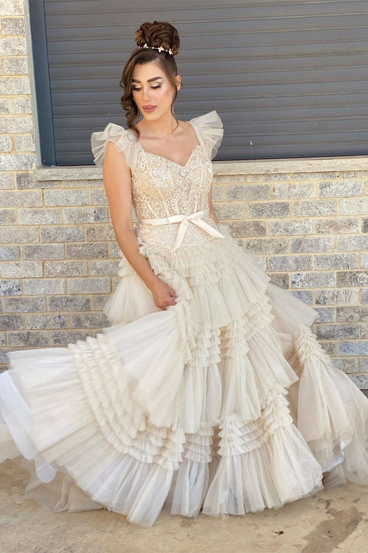 Whitney | Ivory V-Neck Appliqué Tiered Tulle Prom Dress with Flowing Sleeves