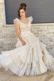 Whitney | Ivory V-Neck Appliqué Tiered Tulle Prom Dress with Flowing Sleeves