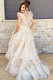 Whitney | Ivory V-Neck Appliqué Tiered Tulle Prom Dress with Flowing Sleeves