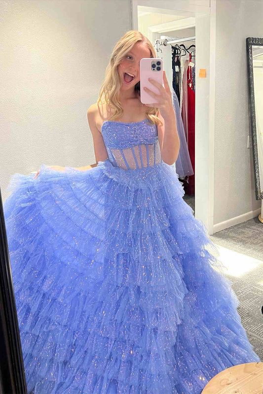 Cute A Line Strapless Corset Glitter Tulle Prom Dress with Ruffles