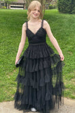 Yasmine | V-Neck Black Layered Tulle A-Line Prom Dress