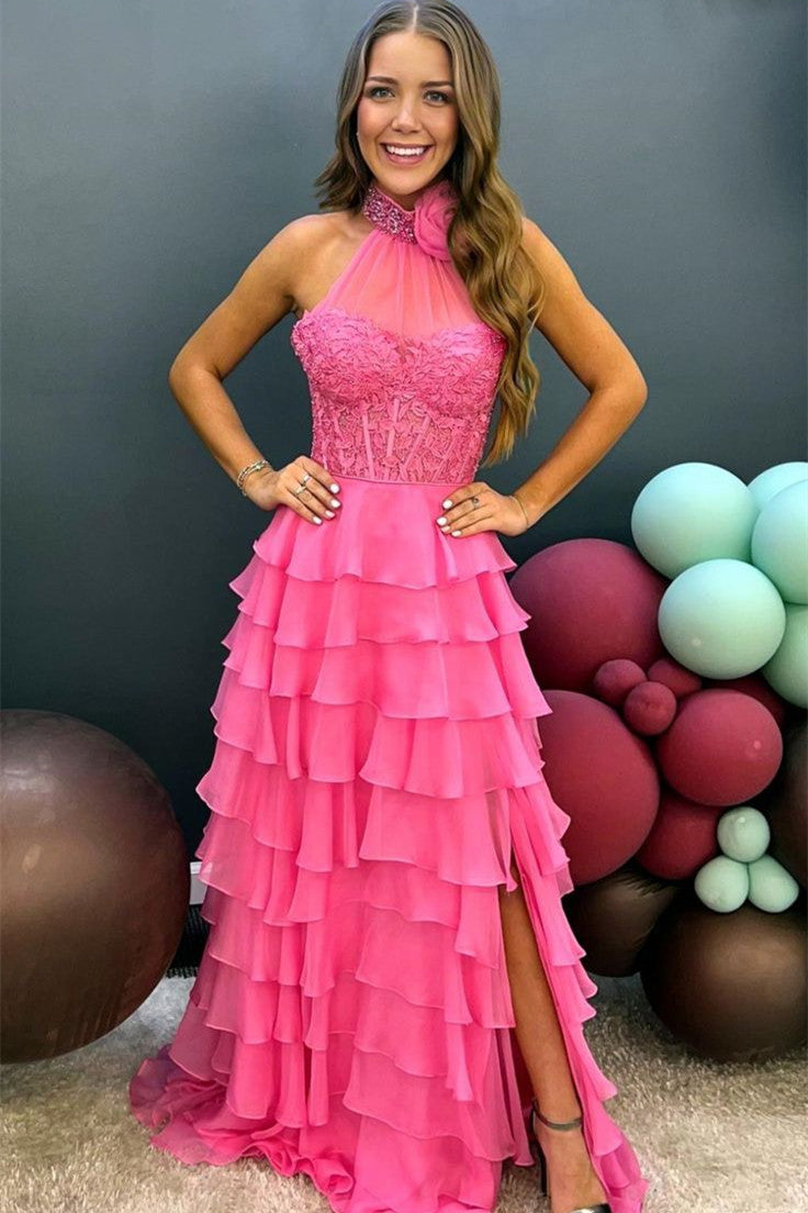 Emerie | A-Line High Neck Tiered Chiffon Prom Dress with 3D Flowers