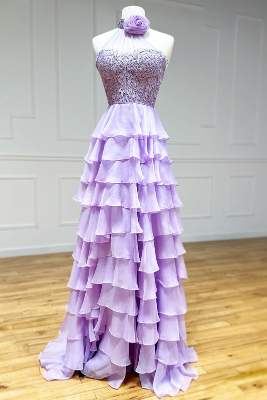 Emerie | A-Line High Neck Tiered Chiffon Prom Dress with 3D Flowers