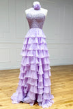 Emerie | A-Line High Neck Tiered Chiffon Prom Dress with 3D Flowers