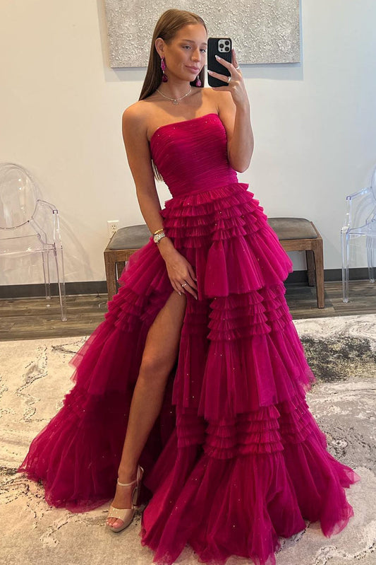 Daniela | Strapless A-Line Tulle Prom Dress with Tiered Ruffle Skirt