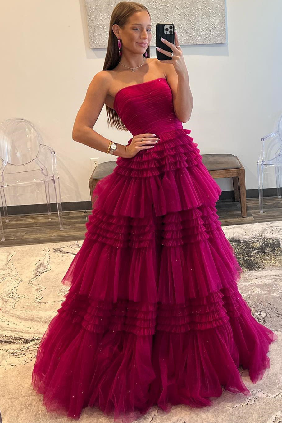 Daniela | Strapless A-Line Tulle Prom Dress with Tiered Ruffle Skirt