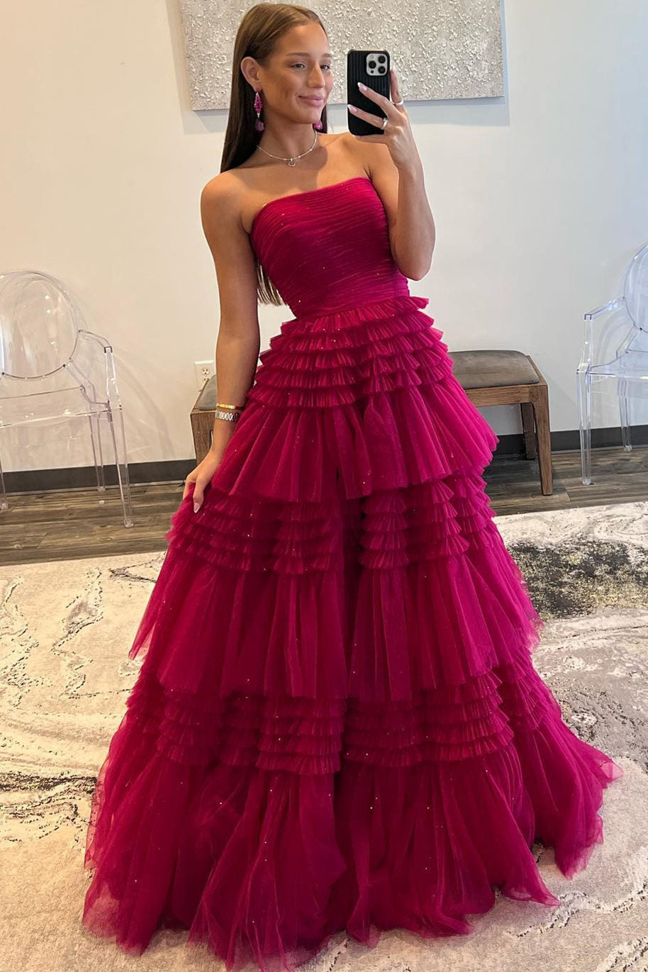 Daniela | Strapless A-Line Tulle Prom Dress with Tiered Ruffle Skirt