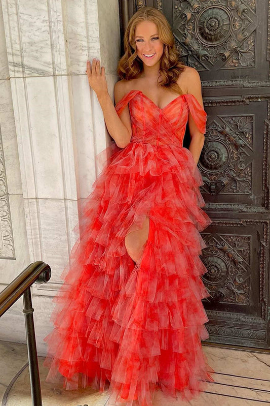 Bettie | Off-the-Shoulder Coral Print Tiered Long Prom Dress