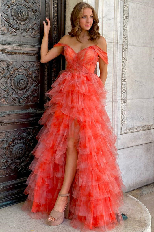 Bettie | Off-the-Shoulder Coral Print Tiered Long Prom Dress