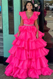 Fairy A Line Hot Pink V-Neck Ruffle Tiered Long Prom Dresses