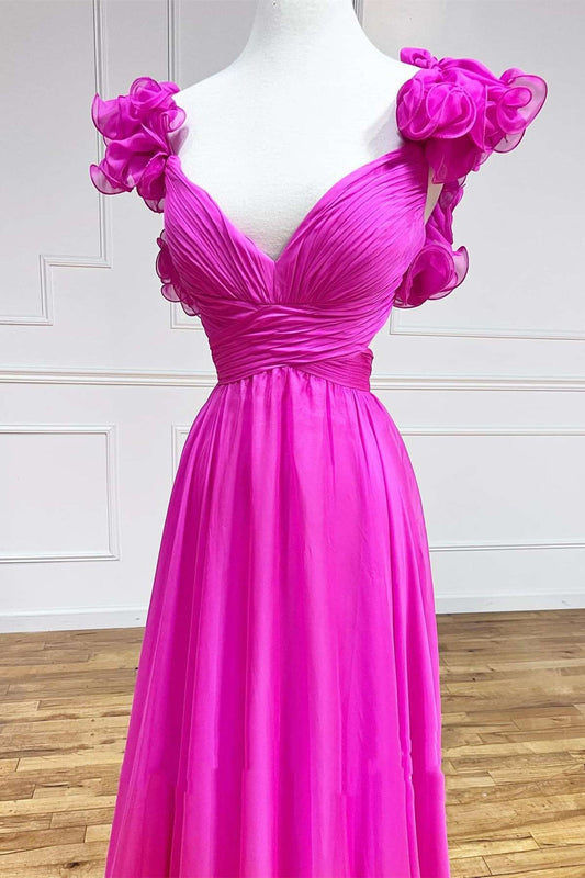 Aadhya | Lace-Up Fuchsia V-Neck Ruffle Pleated Long Prom Dress