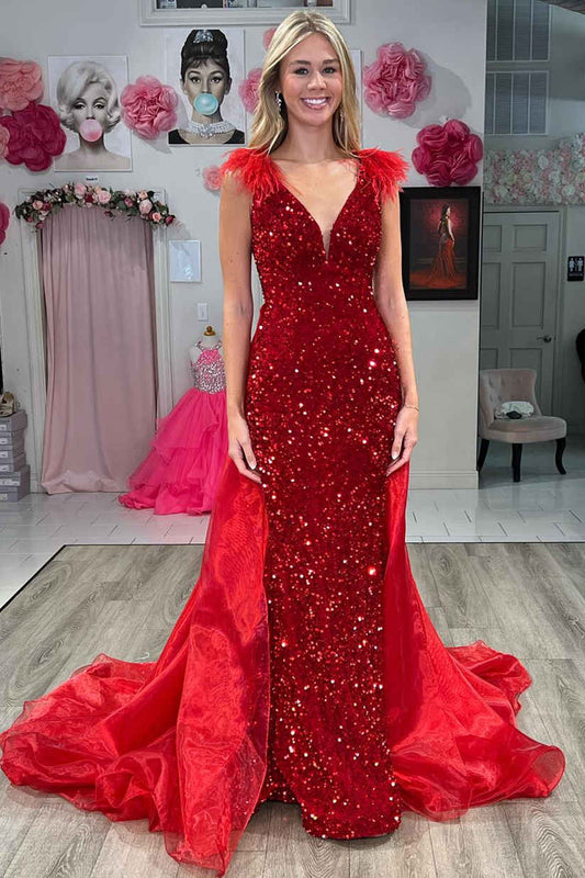 Lilianna | Dazzling V-Neck Red Sequin Feathers Long Prom Dress with Cape