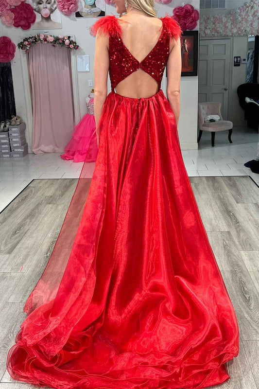 Lilianna | Dazzling V-Neck Red Sequin Feathers Long Prom Dress with Cape