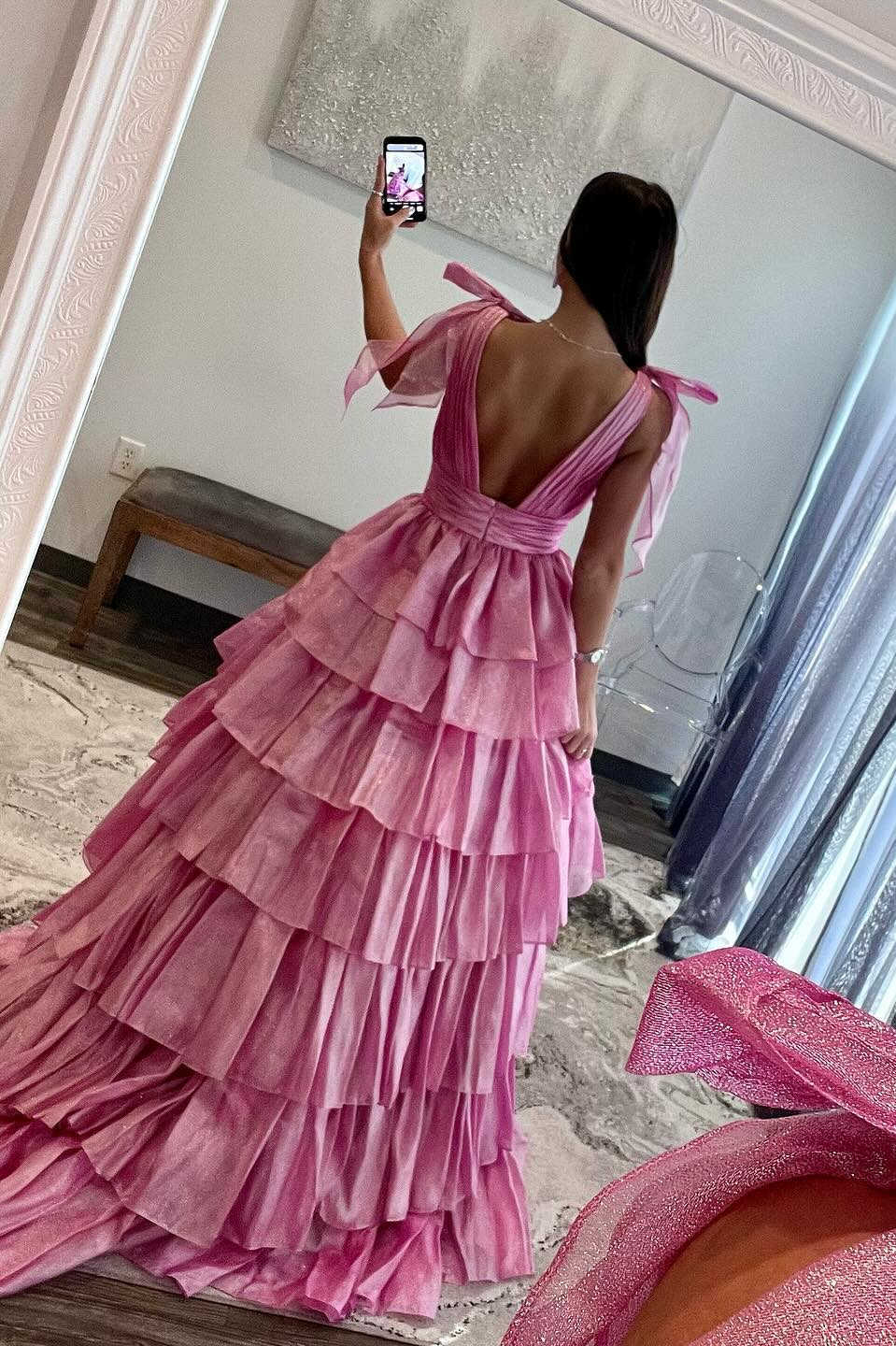 Cute Ball Gown V Neck Tie Straps Pink Tiered Organza Long Prom Dress