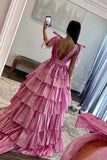 Cute Ball Gown V Neck Tie Straps Pink Tiered Organza Long Prom Dress